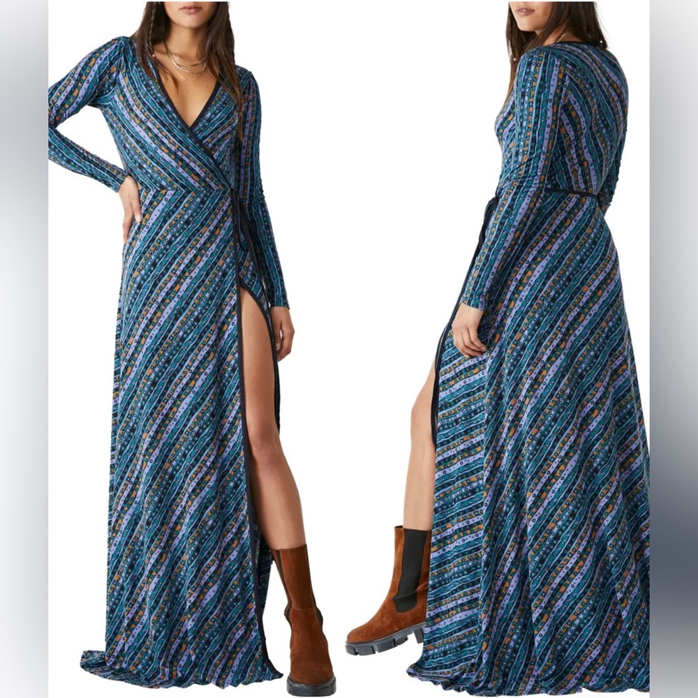 Free People Phoebe Long Sleeve Wrap Dress Blue Small